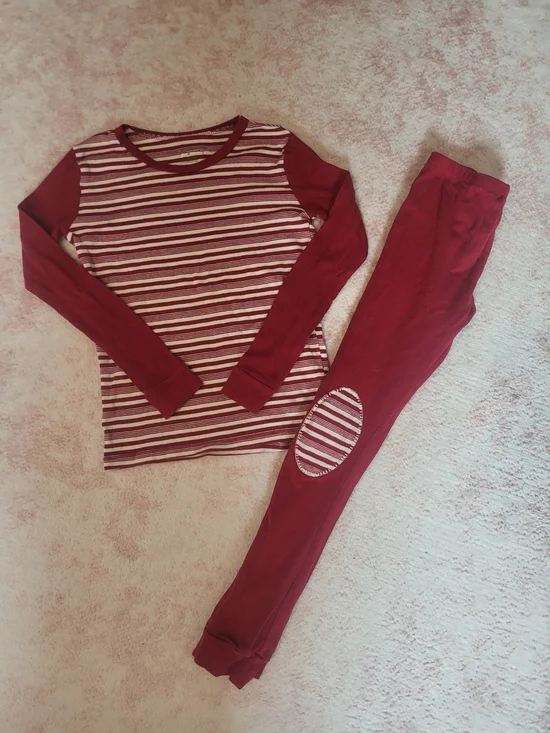 Burt's Bees Maroon and White Striped Long Sleeve Pajama Set