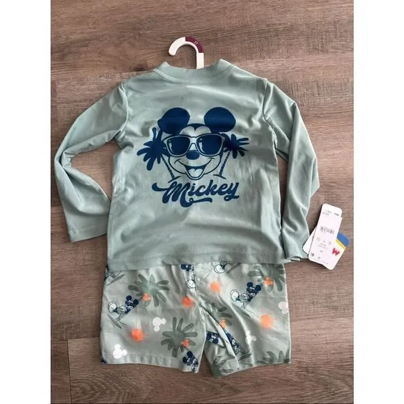 Disney Seafoam Green Mickey Graphic Pajama Set with Navy Print