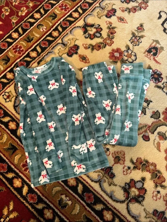 Cat & Jack Teal Plaid Bear Pajama Set with Red Bow Accents