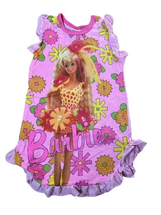 Vintage Barbie Sleepshirt Girls 7-8 Pink Graphic Ruffle Hem Knit USA 90s