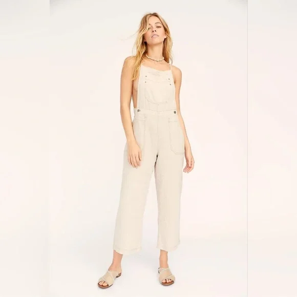 Free People Cream Linen Blend Wide-Leg Overalls