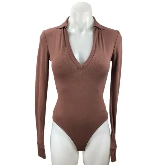 Free People Do It Right Women's Brown Collared V Neck Long Sleeve Bodysuit Top S