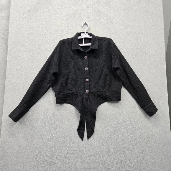 Free People Women Blouse M Black Sunstreaks Tie Front Button Down Cropped Collar