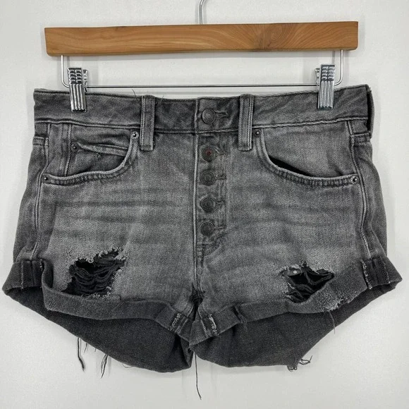 Free People We The Free Makai Cutoff Denim Shorts Distressed Black 25 Button Fly