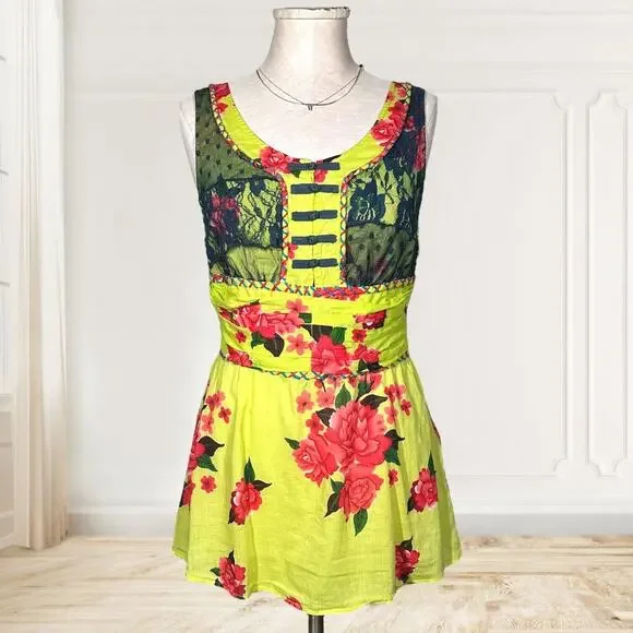 FREE PEOPLE Lace Trim Dainty Top Rose Green Chinese Cheongsam Qipao Coquette