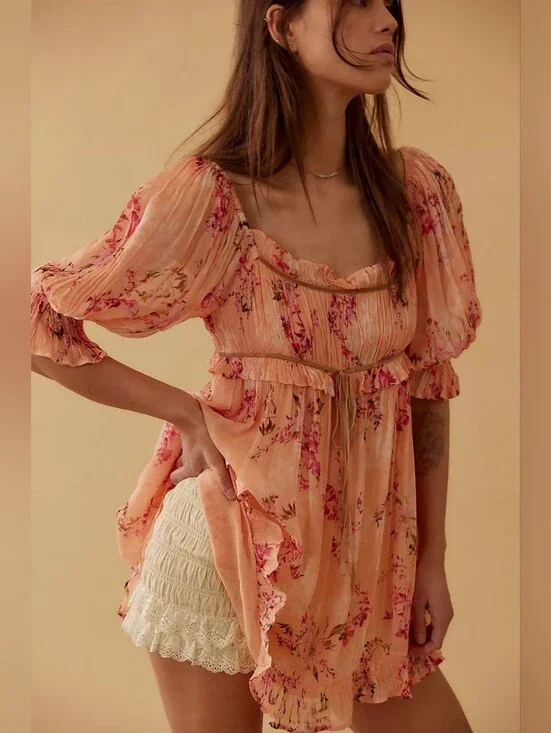 Free People Marney Mini Dress In Peach Combo Size XS