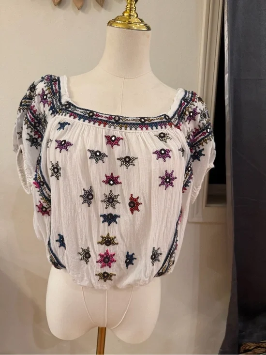 Boho Embroidered Peasant Top | Size Small | Cottagecore Festival