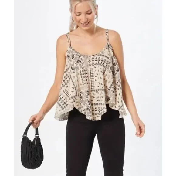 Free People Hey Girl Paisley Tan Strappy Handerkerchief Crop Top NWT Sz. M