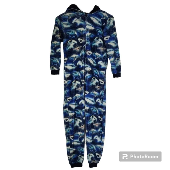 Children's Place Hooded full length zip up onesie shark pajama Size L 10/12