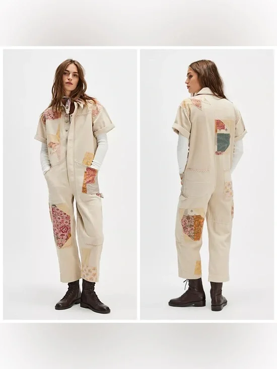 Free People We The Free Glory Days Jumpsuit Coveralls Denim Patchwork‎ Medium