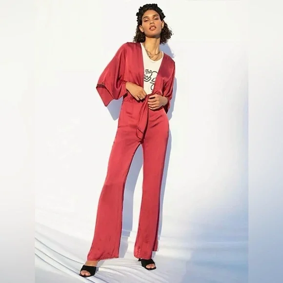 NWT Free People Young Fabulous‎ and Broke Rose Tie-Front Satin Jumpsuit Size M