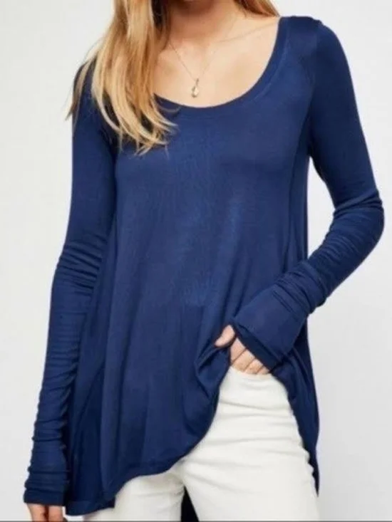 Free People Ribbed Long Sleeve Swing Tunic Top Navy Size Large Boho