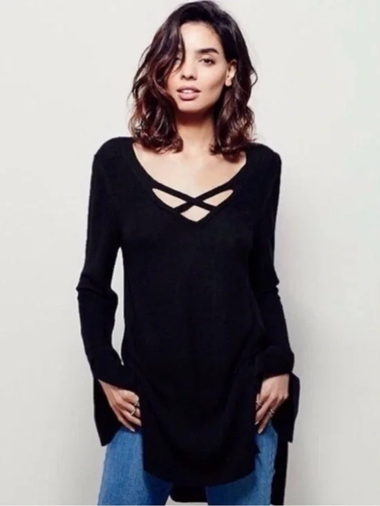 Free People Black Crisscross V-Neck Tunic Sweater