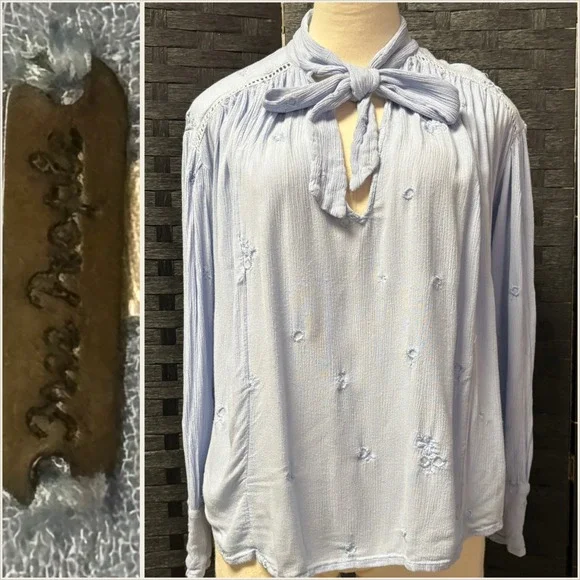 Free People XS/TP Light Blue Embroidered Gauze Tie Neck‎ Peasant Blouse Shirt