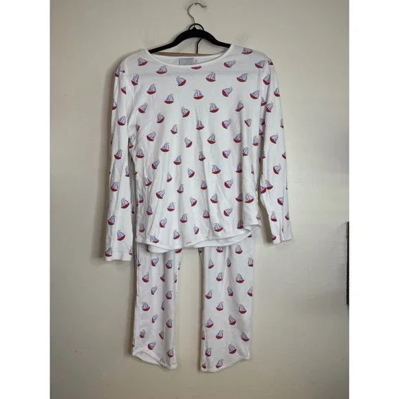 Little English Kids‎ White Sailboat Print Cotton Pajama Set Size L Nautical PJs