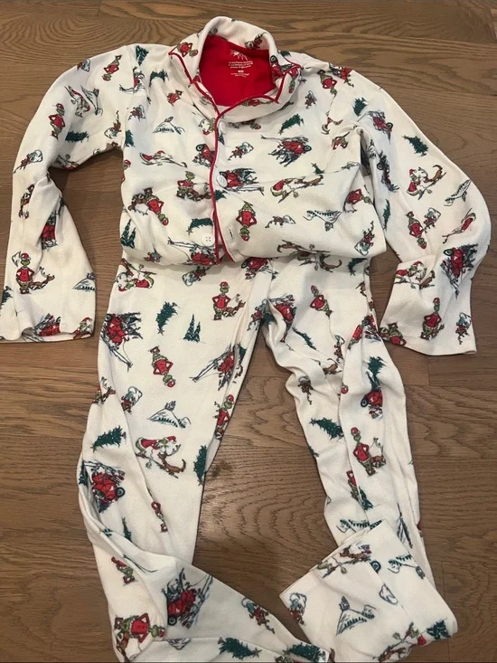 Kids White Holiday Ski-Print Pajama Set with Red Trim