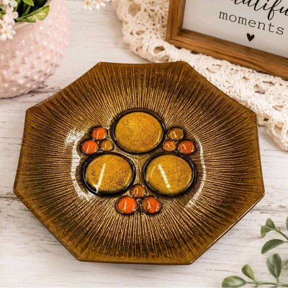 MCM Handcrafted Enamel Solid Copper Plate Annemarie Davidson US Green Yellow VTG