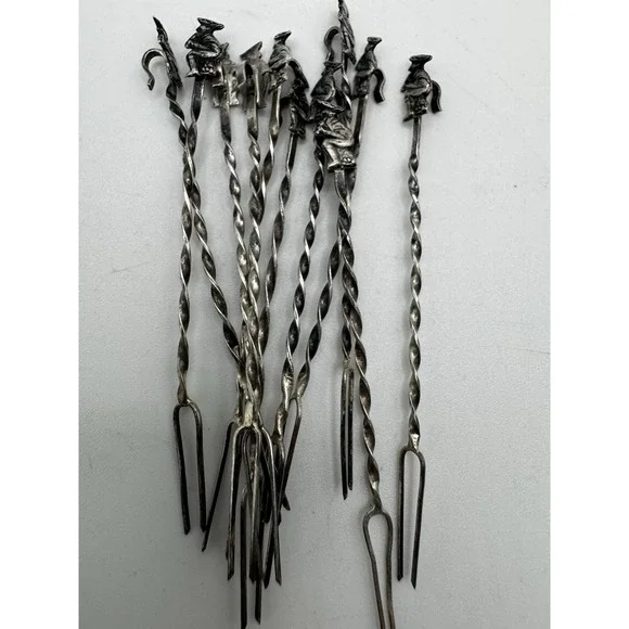 Vtg 11pc Figural .925 Silver Twisted Mini Small Cocktail Forks Food Party .5oz