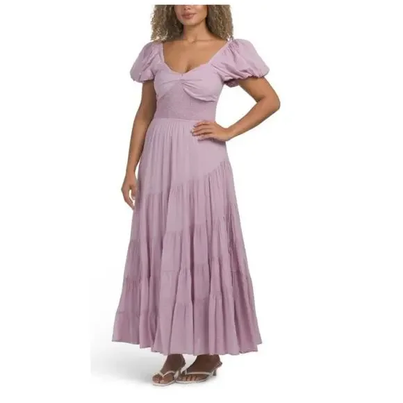 NEW FREE PEOPLE Sundrenched Smocked Puff Sleeve Maxi Dress Size Medium