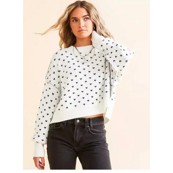 Free People‎ Heart Print Sweater Womens XS White Black Knit Pullover Boho
