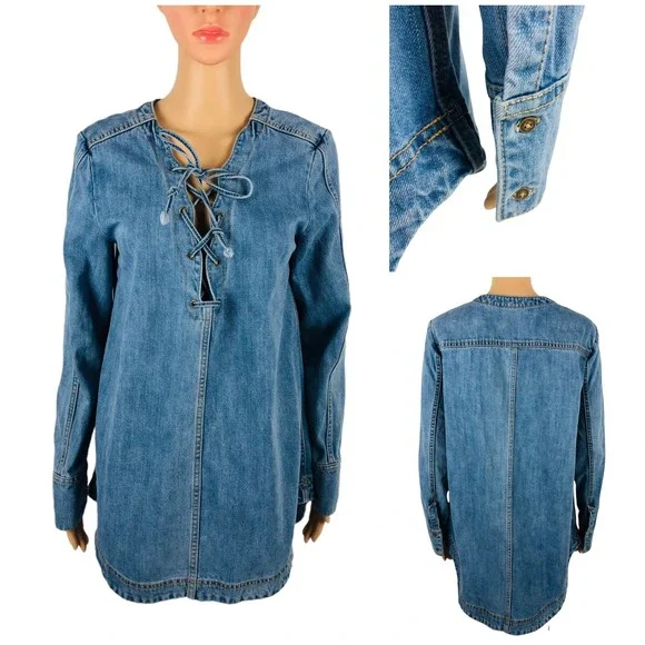 Free People Small Neopolitan Dreams Denim Tunic Lace Up Long Sleeve Cotton Boho
