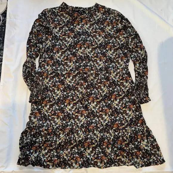 Saint + Sofia Floral Long Smocked Sleeve 12 Ruffle Dress Boho Midi Ditsy Cottage