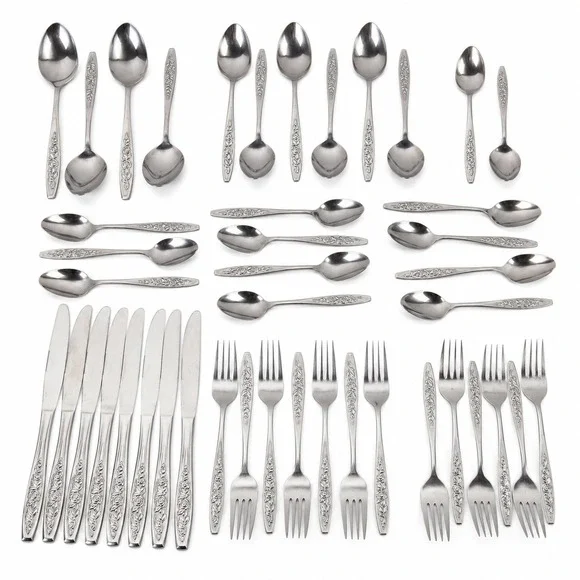 Eldan 44pc Flatware Set Stainless Japan Rose Floral Vintage Silverware Service