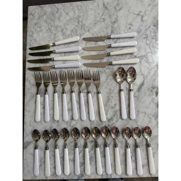 White Resin Handle Stainless Steel 30 pc Flatware Set Knives Forks Spoons Modern