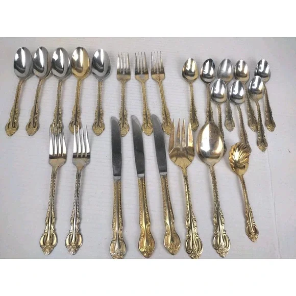 Vintage 24 PC Gold Tone Ornate COOK'S ESSENTIALS 18/10 STAINLESS FLATWARE