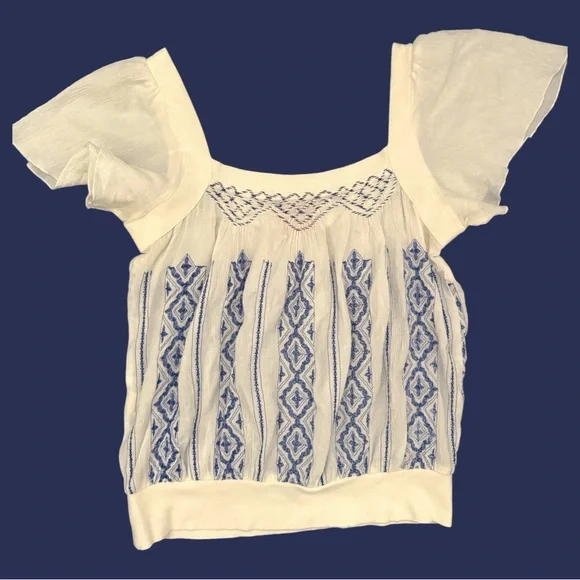Free People White Blouse with Blue Embroidery