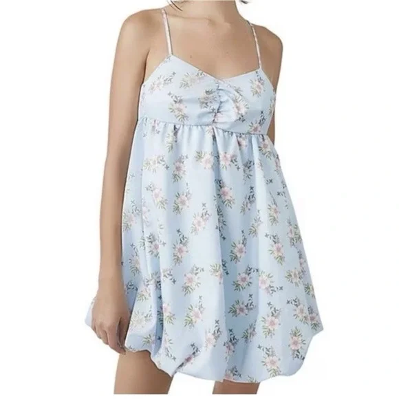 Free‎ People In A Bubble Mini Dress Women's Size Medium Blue Floral Adjustable