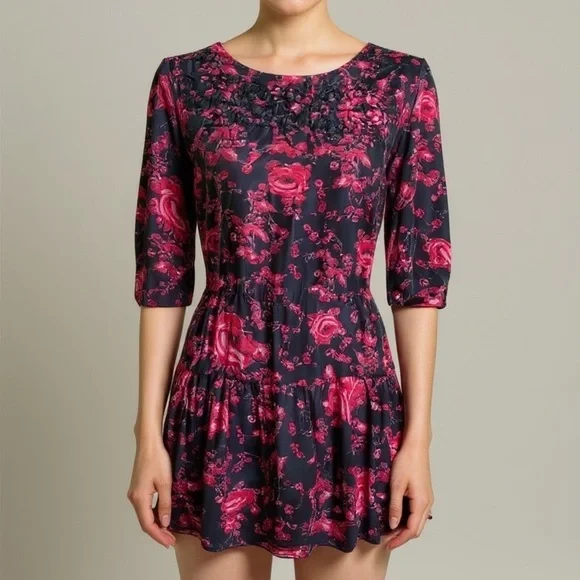 Free People Womens Black‎ Red Floral Tiered Mini Dress Small