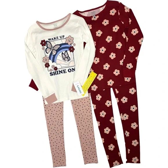 Carter's Girls Sz‎ 10 Pajama Set 4pc Wake Up Shine On Flower Pants Long Sleeve
