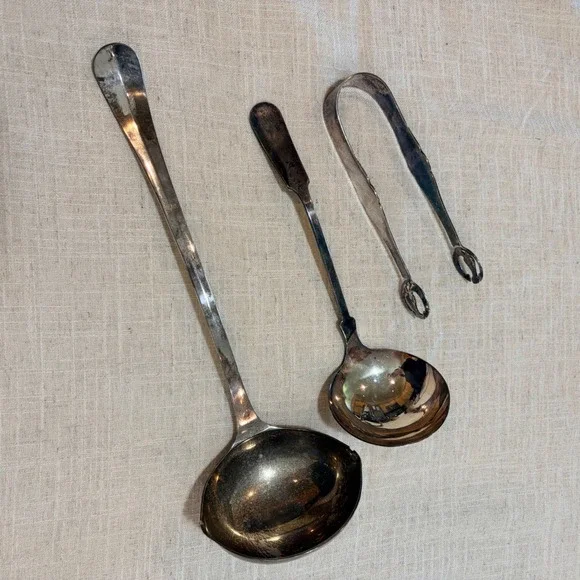 Lot of Vintage Silverplated Ladles and‎ Sugar Tongs 3pc