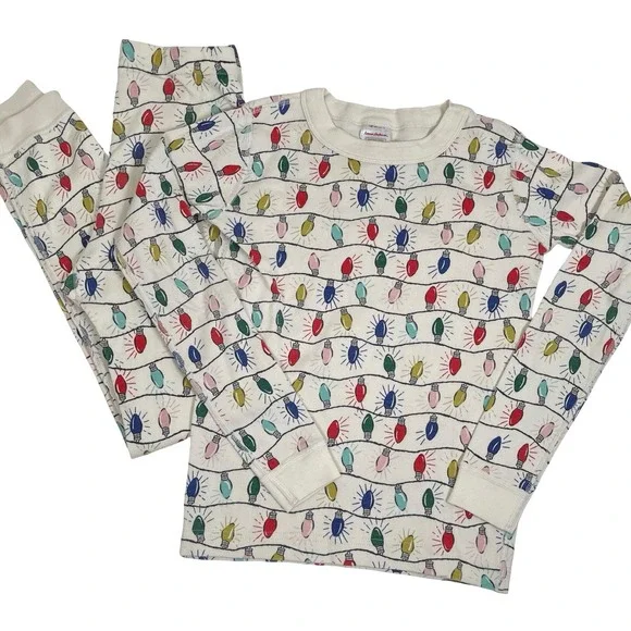 Hanna Andersson Christmas Lights Pajama Set Kids Size 10 White Organic‎ Cotton