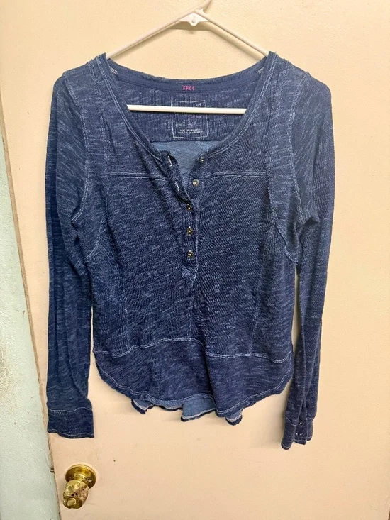 Free People Navy Blue Long Sleeve Top | Boho Casual Layering Shirt