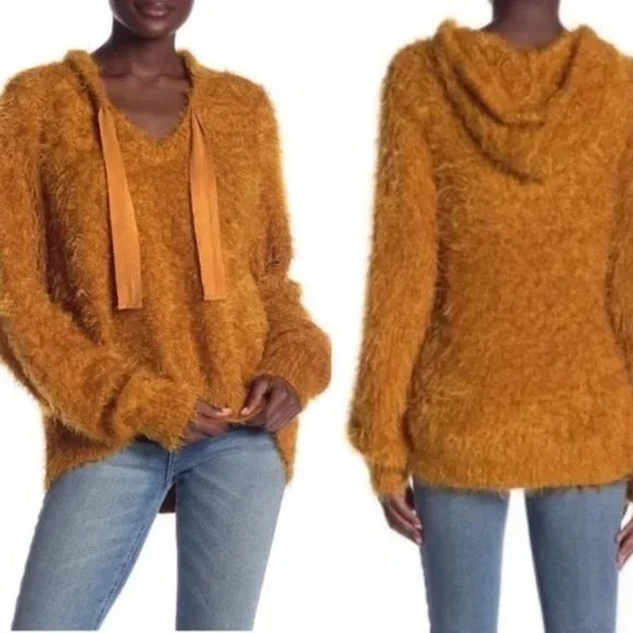 Free People Fuzzy Hooded V-Neck Sweater Orange Size Small