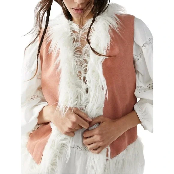 Free People Leather Vest Faux Fur Trimmed Peach Boho Festival‎ L