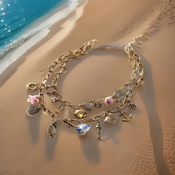 NWT Maxamillian Free People Whimsical Layer Charmer Necklace Charms Nautical Sea