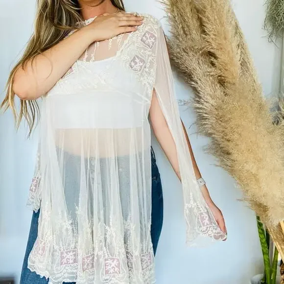 FREE PEOPLE White Soft Pink Sheer Mesh Long Sleeve Mini Dress Slip Tunic Top XS