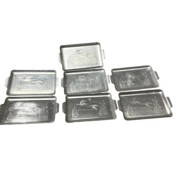 Set Of 7‎ Vintage Aluminum Trays With Embossed Flying Geese Design