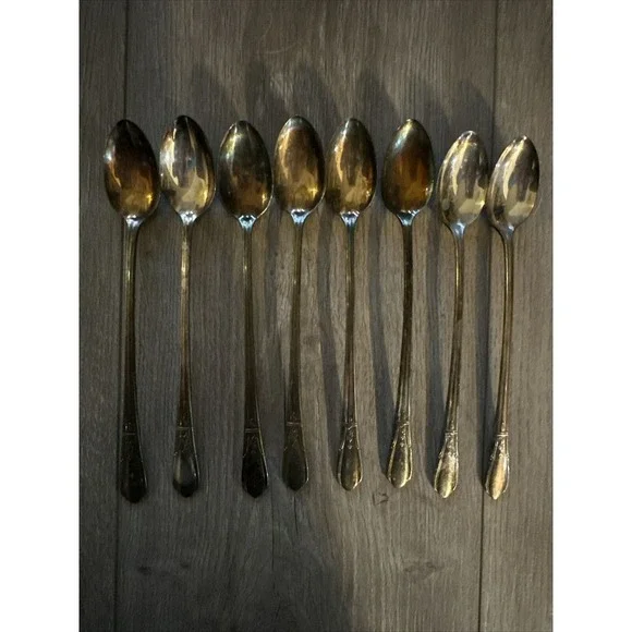 8 Iced Tea Spoons Oneida Rogers Countess II Silver Plate Patina Vintage Flatware