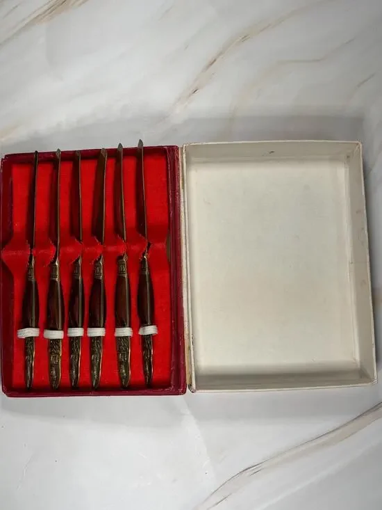 Set of 6 Vintage Thailand Siam Knife Set Rosewood Nickel Bronze 1950s