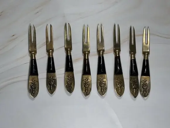 Set of 8 Vintage Thailand Siam Appetizer Fork Rosewood Nickel Bronze 1950s