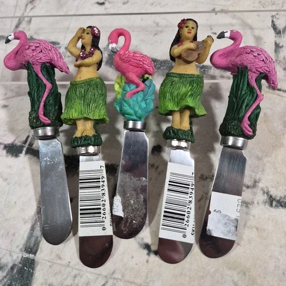 Cheese Spreader Knives Hawaiian Tropical Lot Of 5 Pink Flamingos Hula Dancers