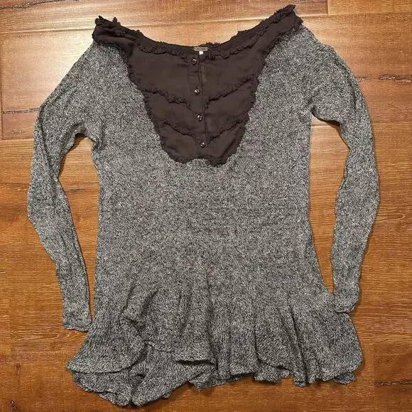 Free People Top Womens S/M Gray 100% Linen Long Sleeve Y2K Bella Swan Babydoll