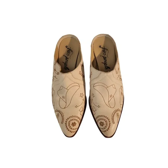 Free People Western Embroidered Leather Mules Cream Pointed Toe Cone Heel 38