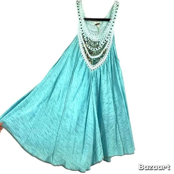 RARE Free People Crochet Beaded Neck Swing Tunic‎ Tank Top Blouse Aqua Blue XS