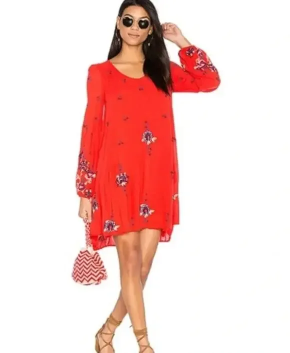 FREE PEOPLE Oxford Embroidered Mini Dress in Coral Red  // S
