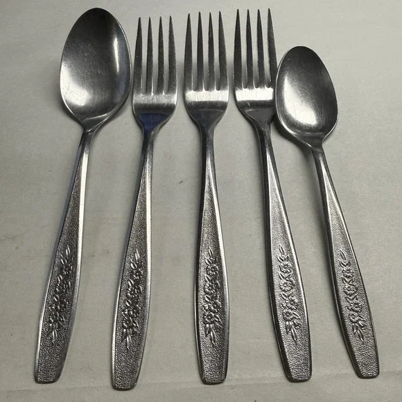 5 Simeon L George H Rogers Stainless Flatware Dinner Forks Spoons Spring Ballad